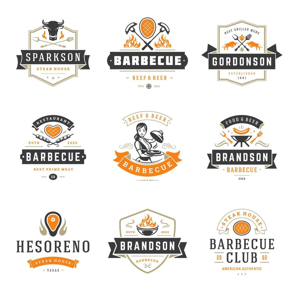 Grill restaurant logos and badges set illustration. vector