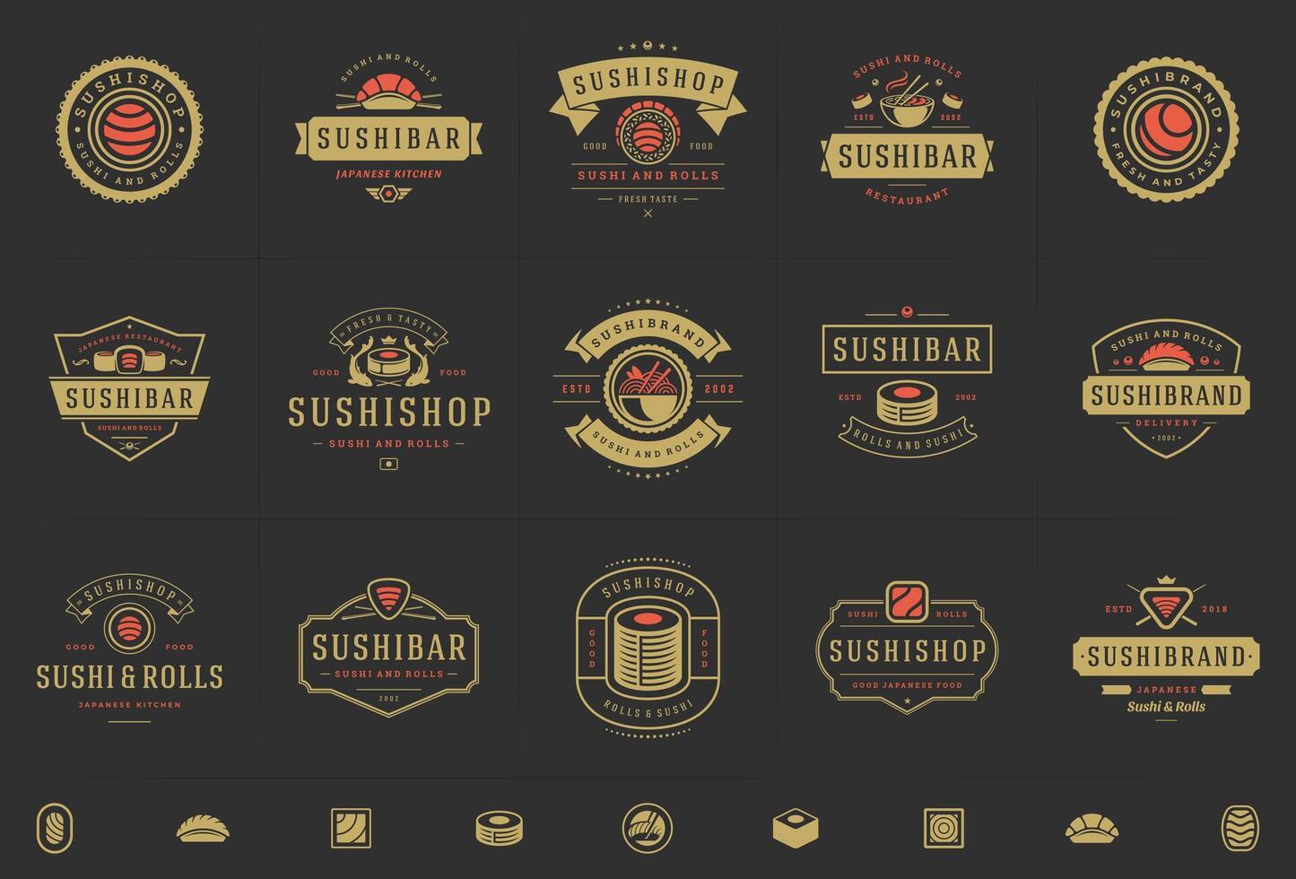 Sushi restaurant logos and badges set japanese food with sushi salmon rolls silhouettes illustration vector