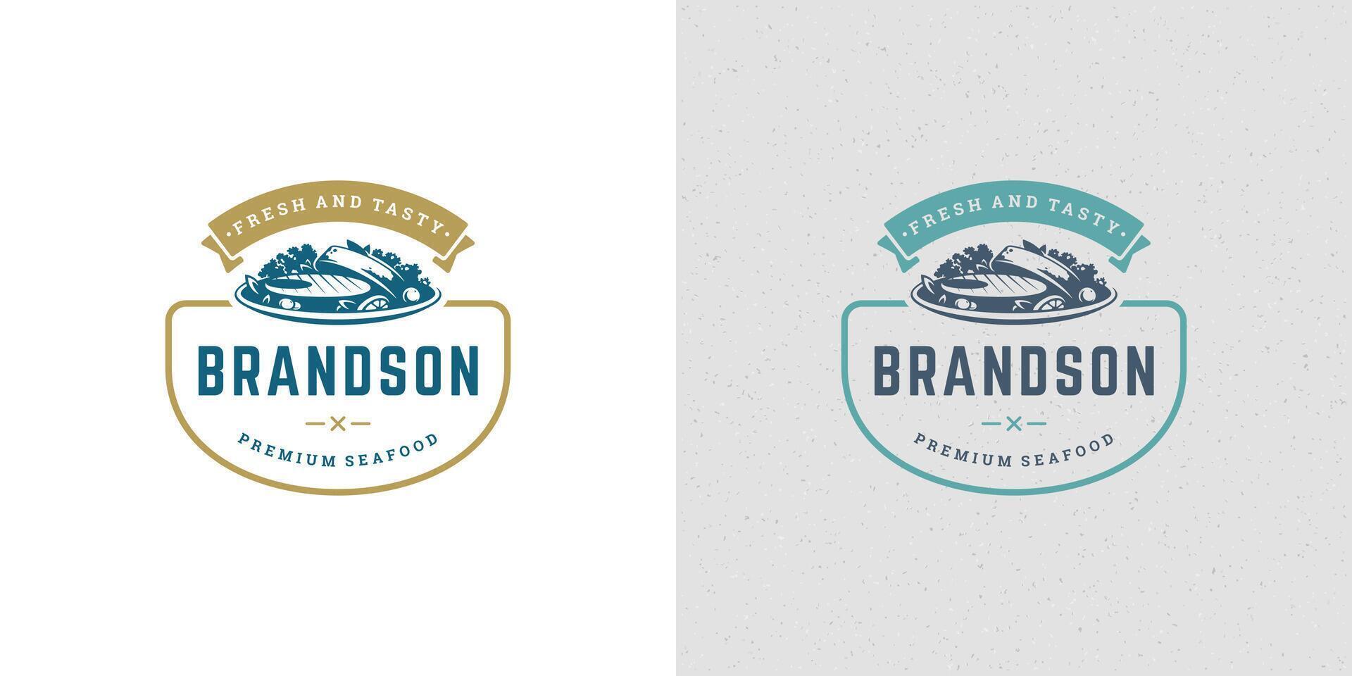 Seafood logo or sign illustration fish market and restaurant emblem template design grilled fish steak silhouette vector