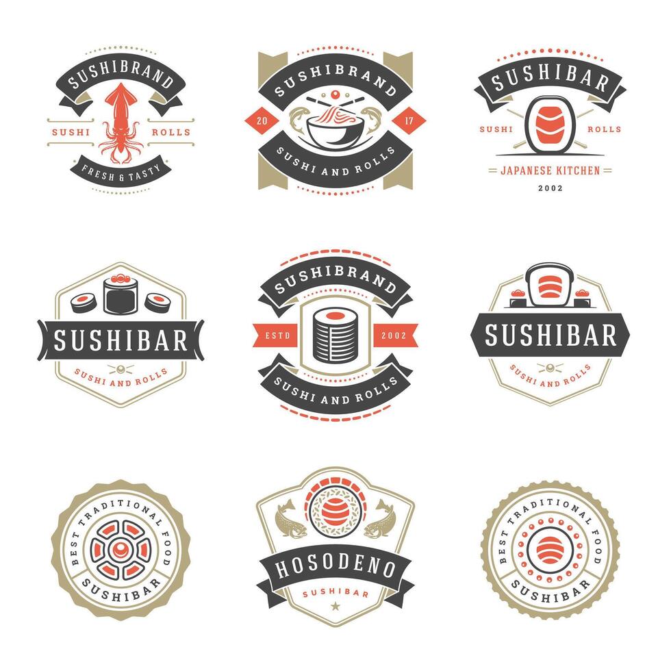 Sushi restaurant logos set illustration. vector