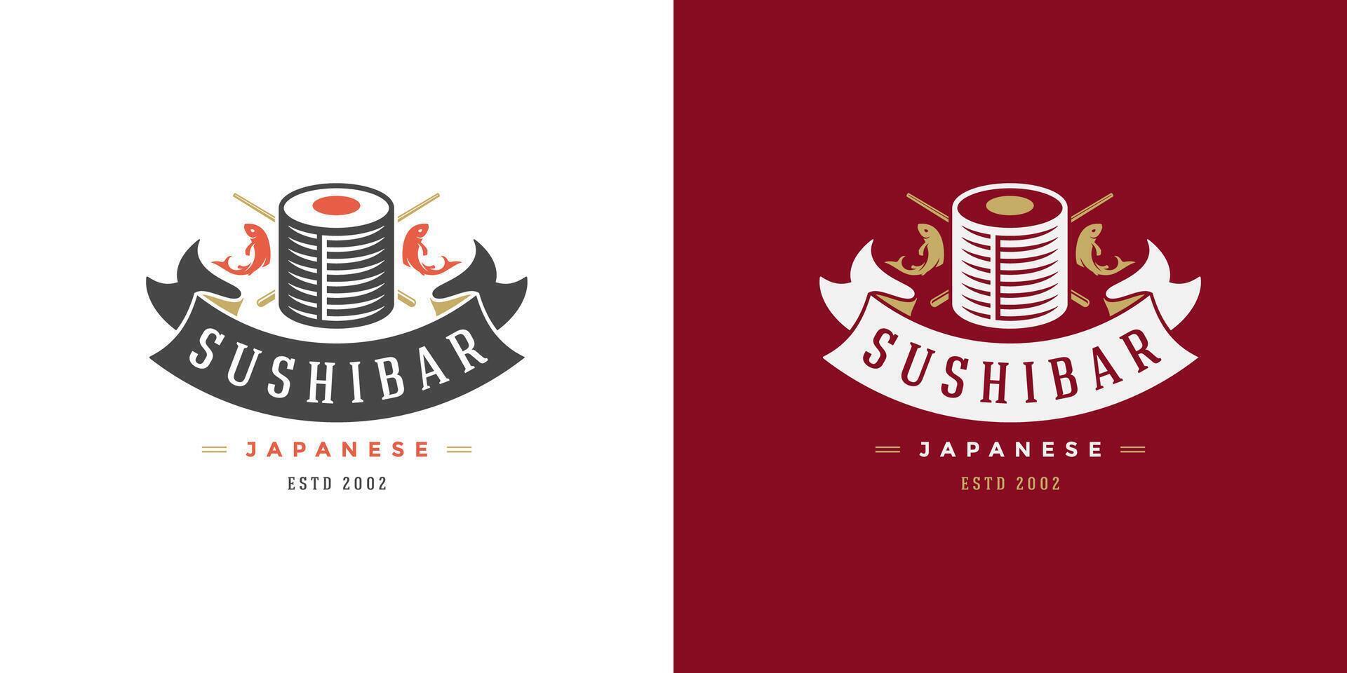 Sushi logo and badge japanese food restaurant with sushi and salmon roll asian kitchen silhouette illustration vector