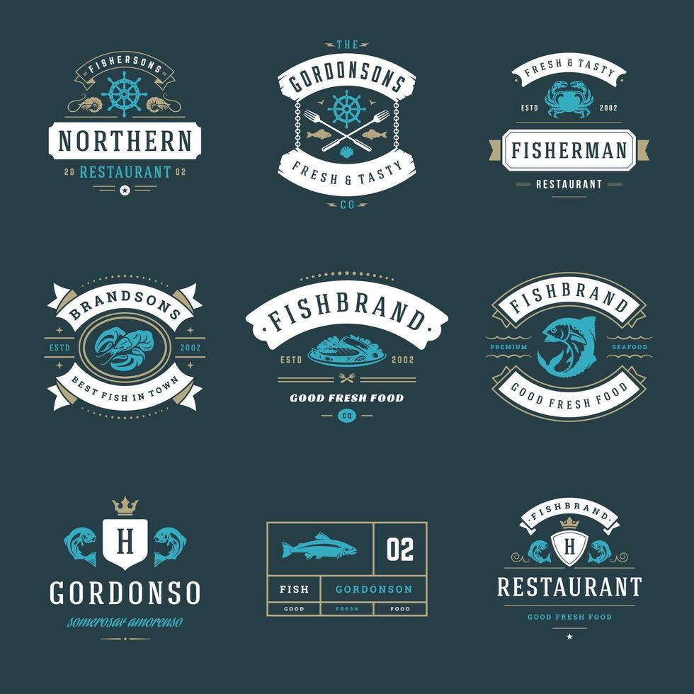 Seafood restaurant logos set illustration. vector