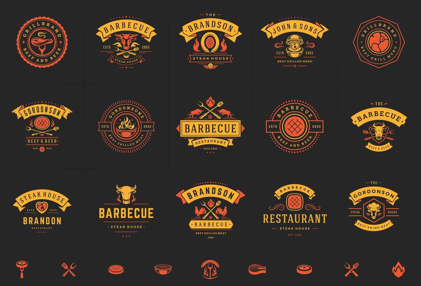 Grill and barbecue logos set illustration steak house or restaurant menu badges with bbq food silhouettes vector