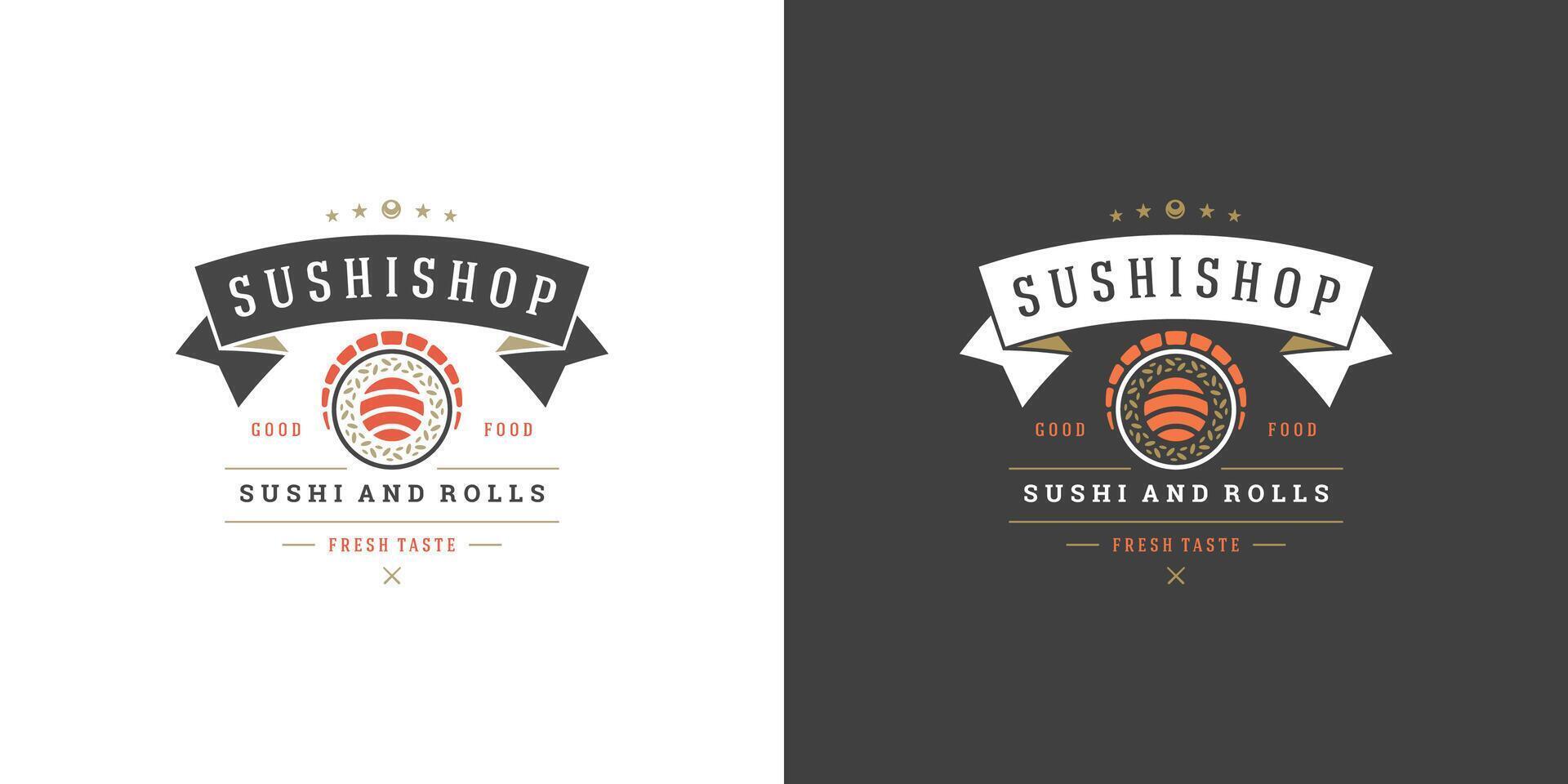 Sushi logo and badge japanese food restaurant with sushi salmon roll asian kitchen silhouette illustration vector
