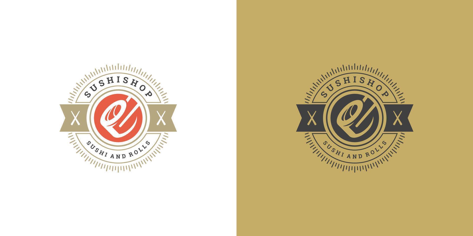 Sushi logo and badge japanese food restaurant with sushi salmon roll asian kitchen silhouette illustration vector