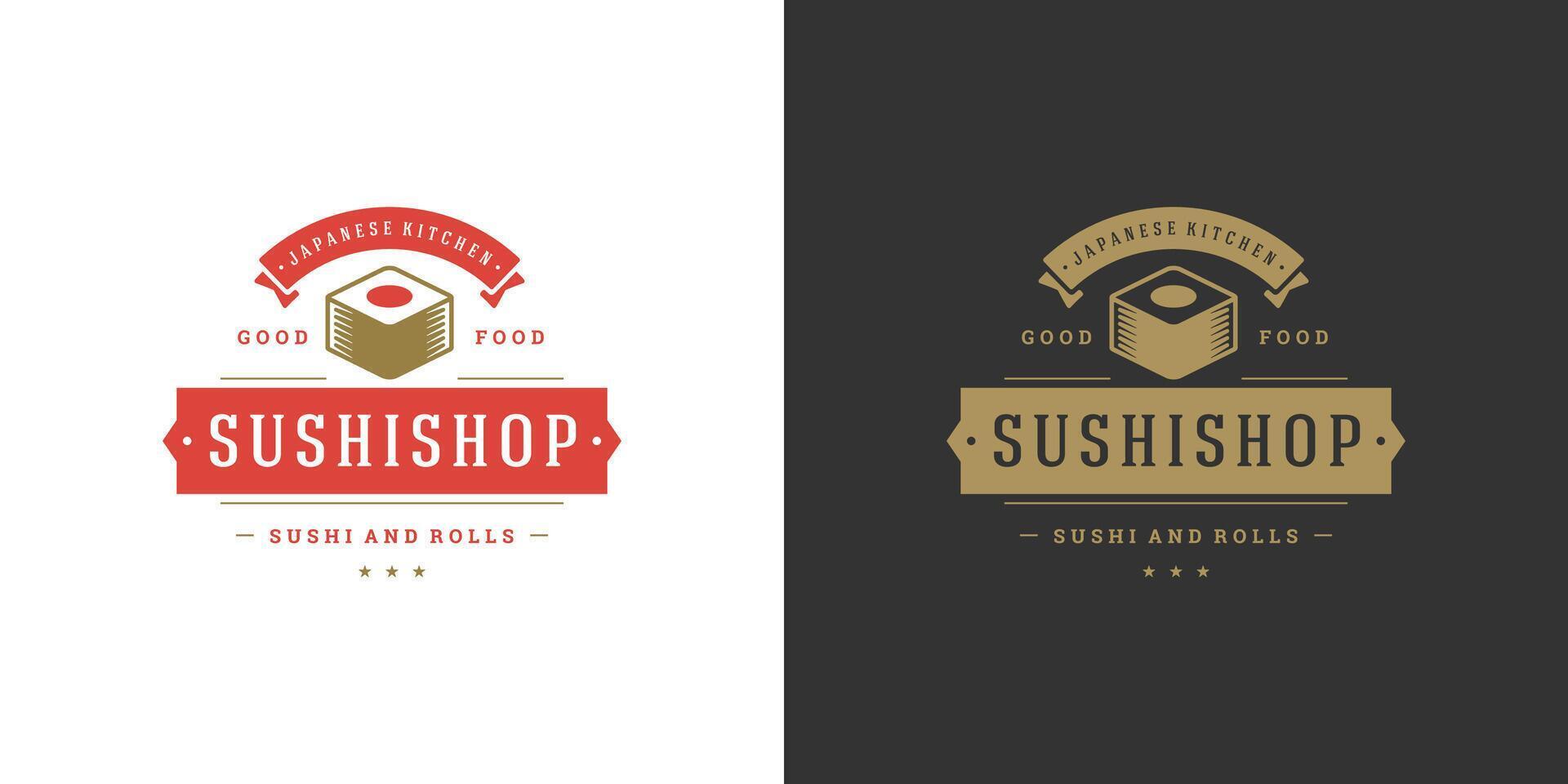 Sushi logo and badge japanese food restaurant with sushi salmon roll asian kitchen silhouette illustration vector