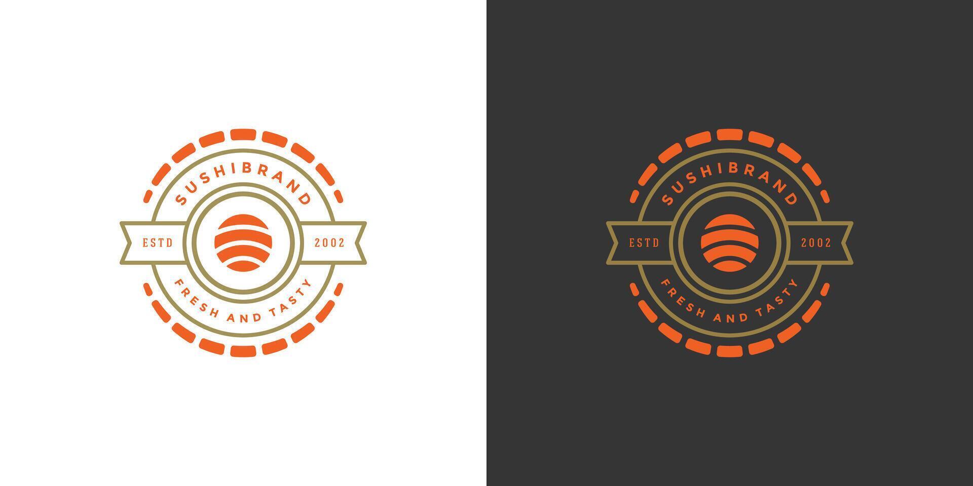 Sushi logo and badge japanese food restaurant with sushi salmon roll asian kitchen silhouette illustration vector
