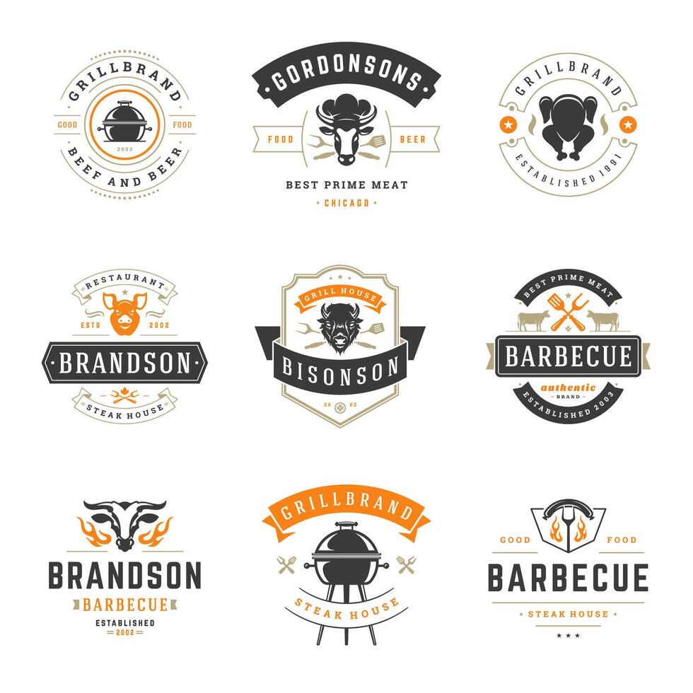 Grill restaurant logos and badges set illustration. vector