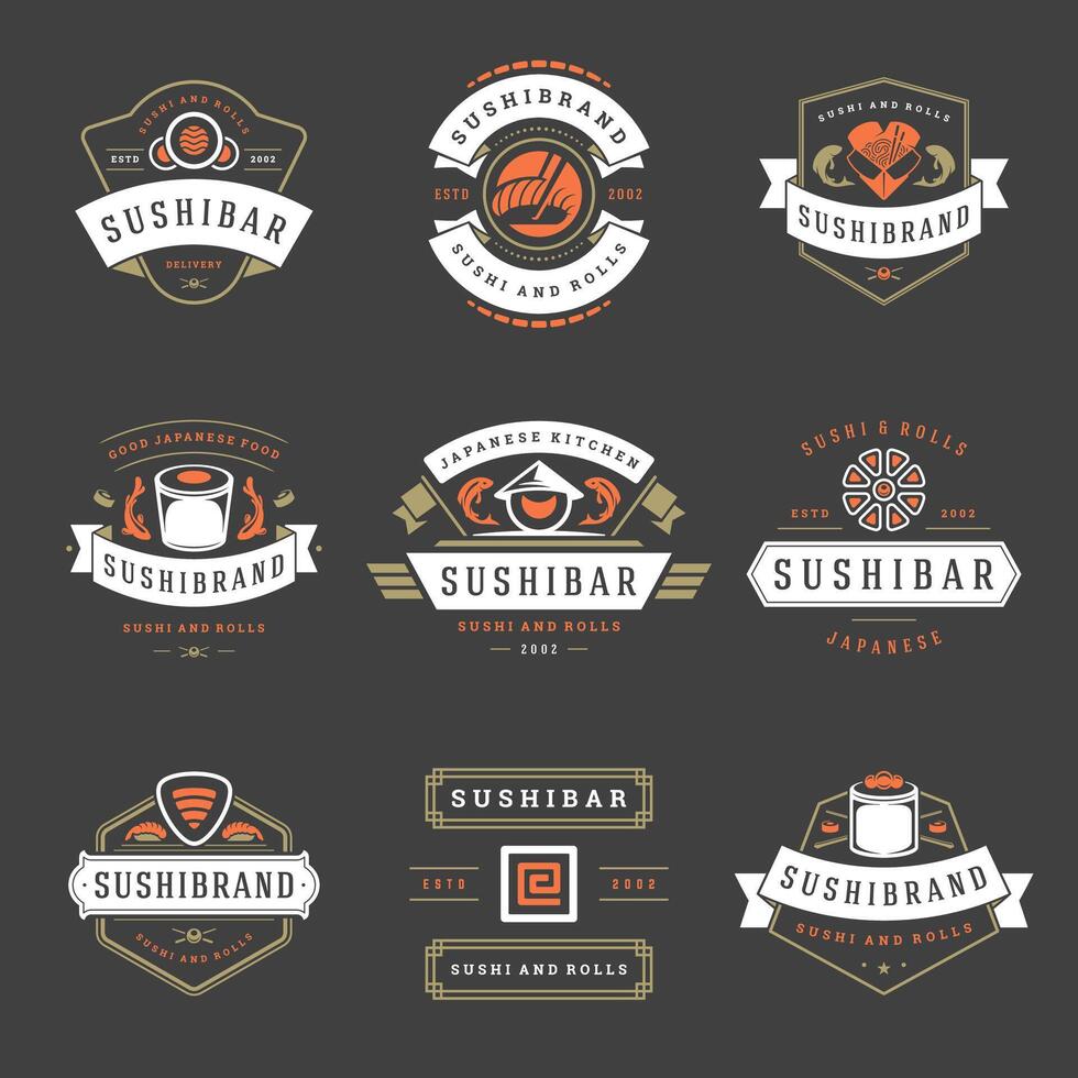 Sushi restaurant logos set illustration. vector
