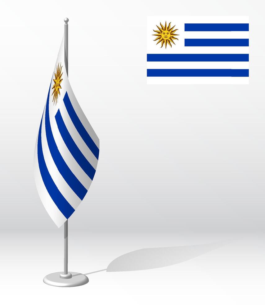 Uruguay flag on flagpole for registration of solemn event, meeting foreign guests. National independence day of Uruguay. Realistic 3D on white vector