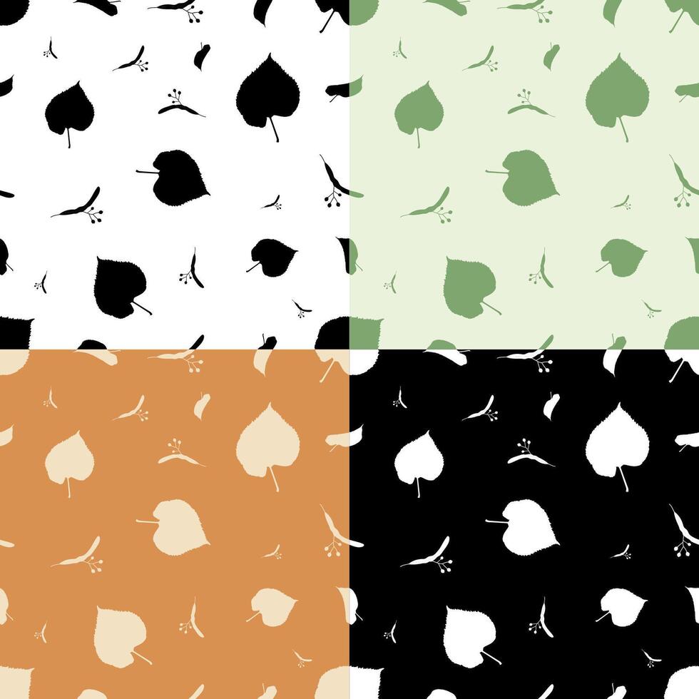 set of seamless patterns with silhouettes of linden tree leaves. Ornament for decoration and printing on fabric. Design element. vector