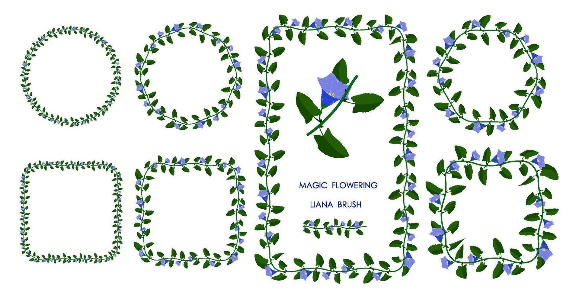 Green liana brush blooming with blue flowers. Realistic brush for decorating frames, invitation cards. vector