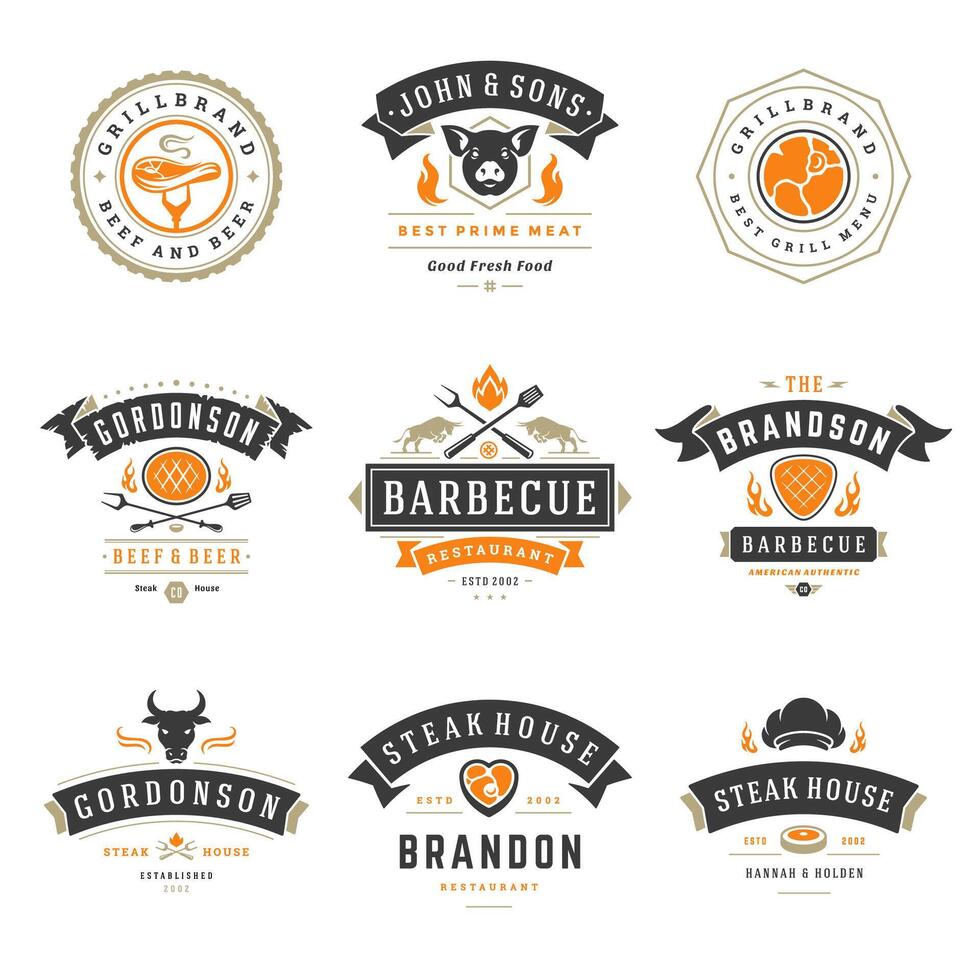 Barbecue restaurant logos and badges set illustration. vector