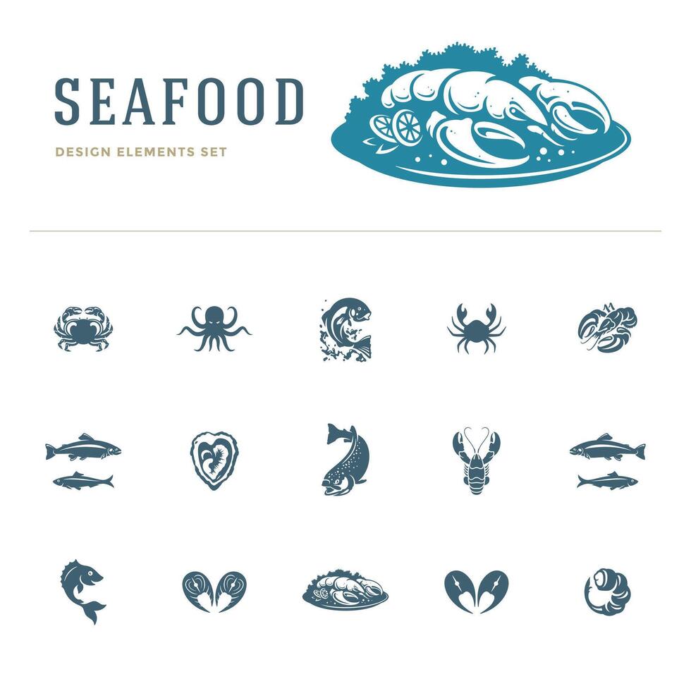 Seafood icons and silhouettes isolated on white set illustration. vector