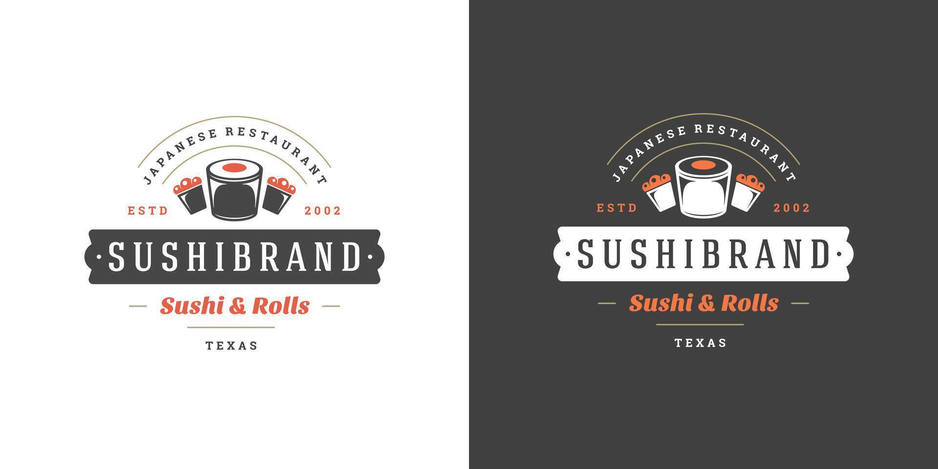 Sushi logo and badge japanese food restaurant with sushi salmon roll asian kitchen silhouette illustration vector