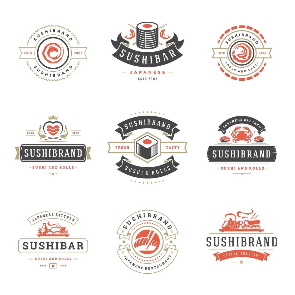 Sushi restaurant logos set illustration. vector