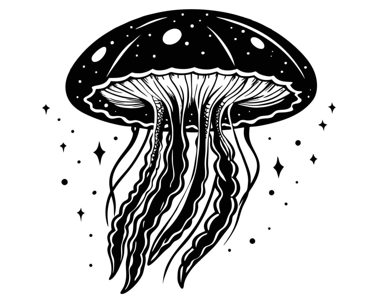 Line art hand drawing black jellyfish vector