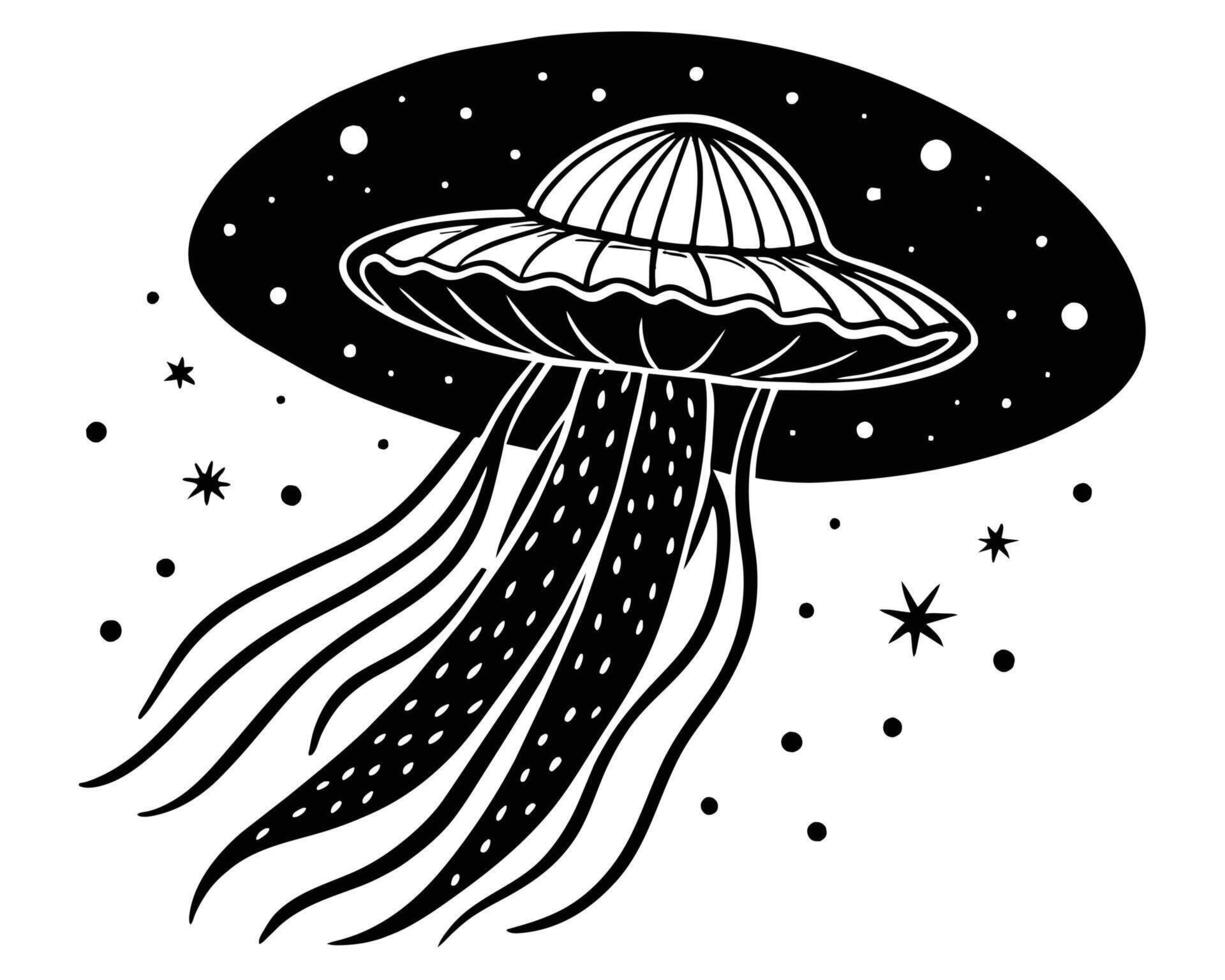 Line art hand drawing black jellyfish vector