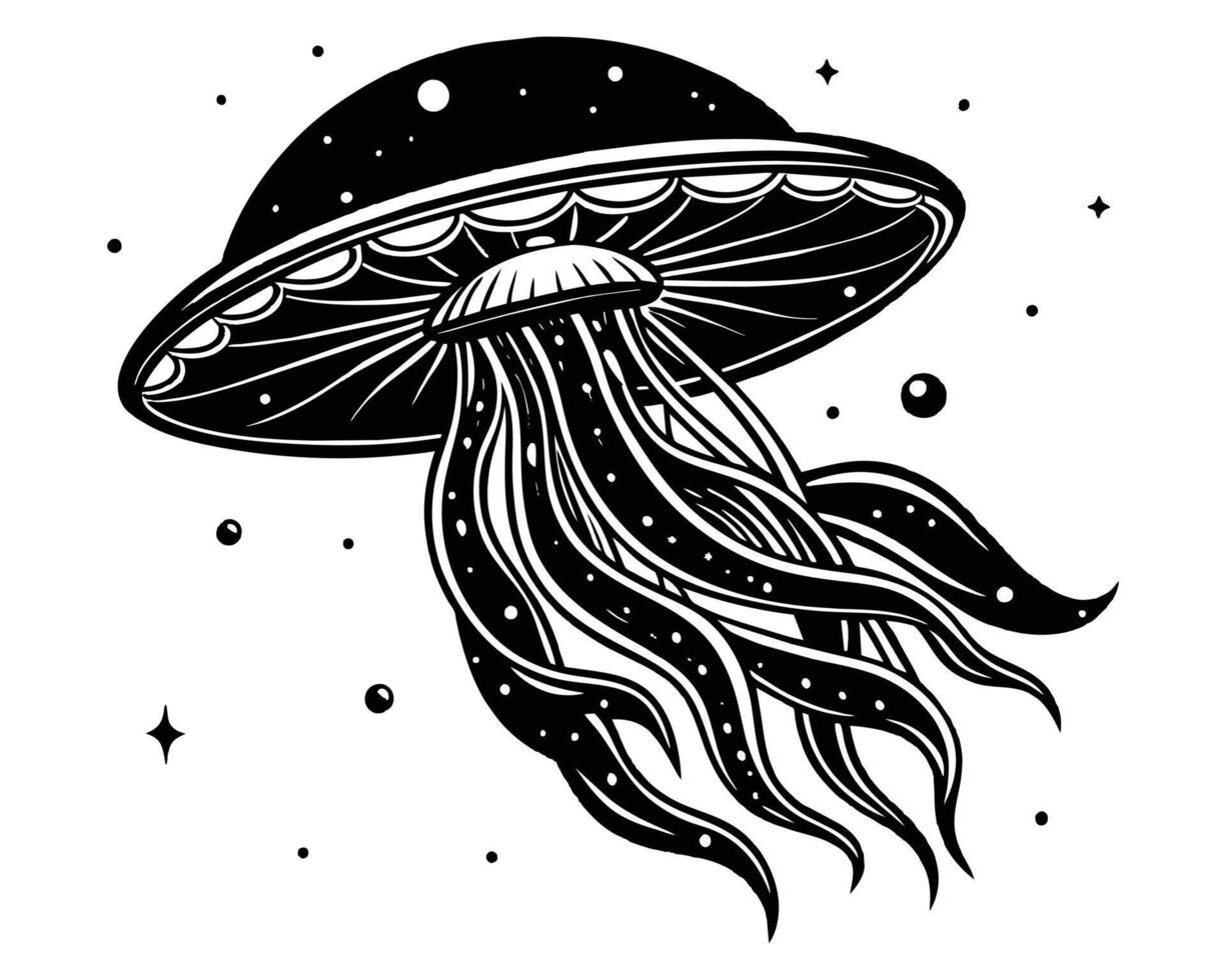 Line art hand drawing black jellyfish vector