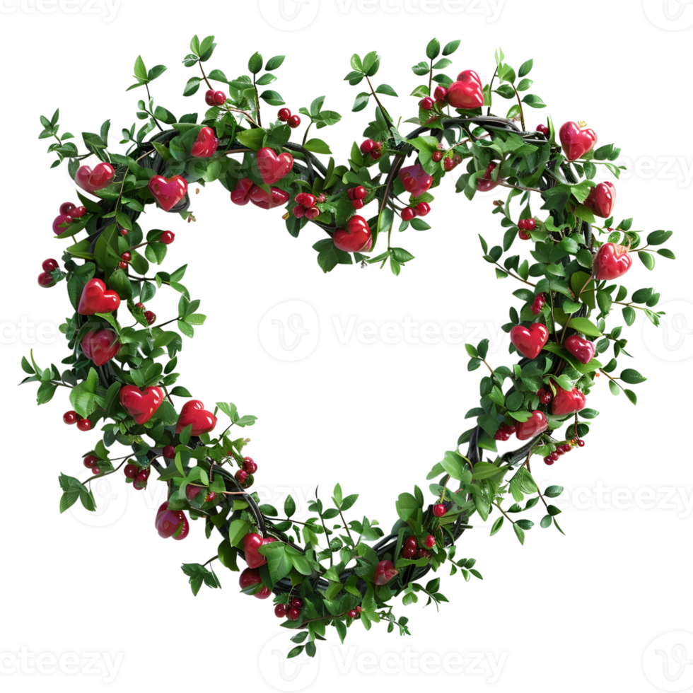 3D Rendering of a Heart Made with Flowers or Leaves on Transparent Background png