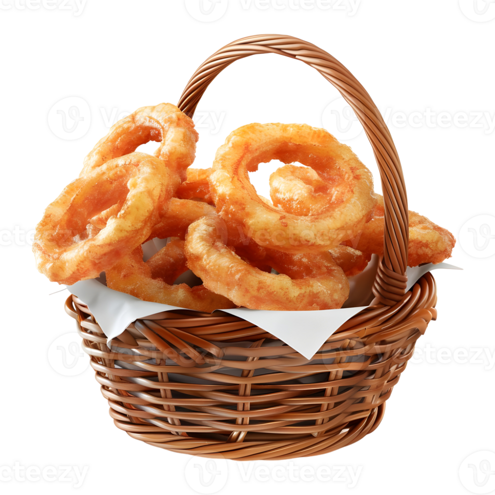 3D Rendering of a Fried Onions Rings in a Basket on Transparent png