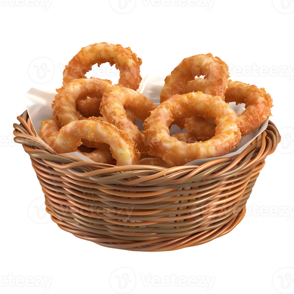 3D Rendering of a Fried Onions Rings in a Basket on Transparent png