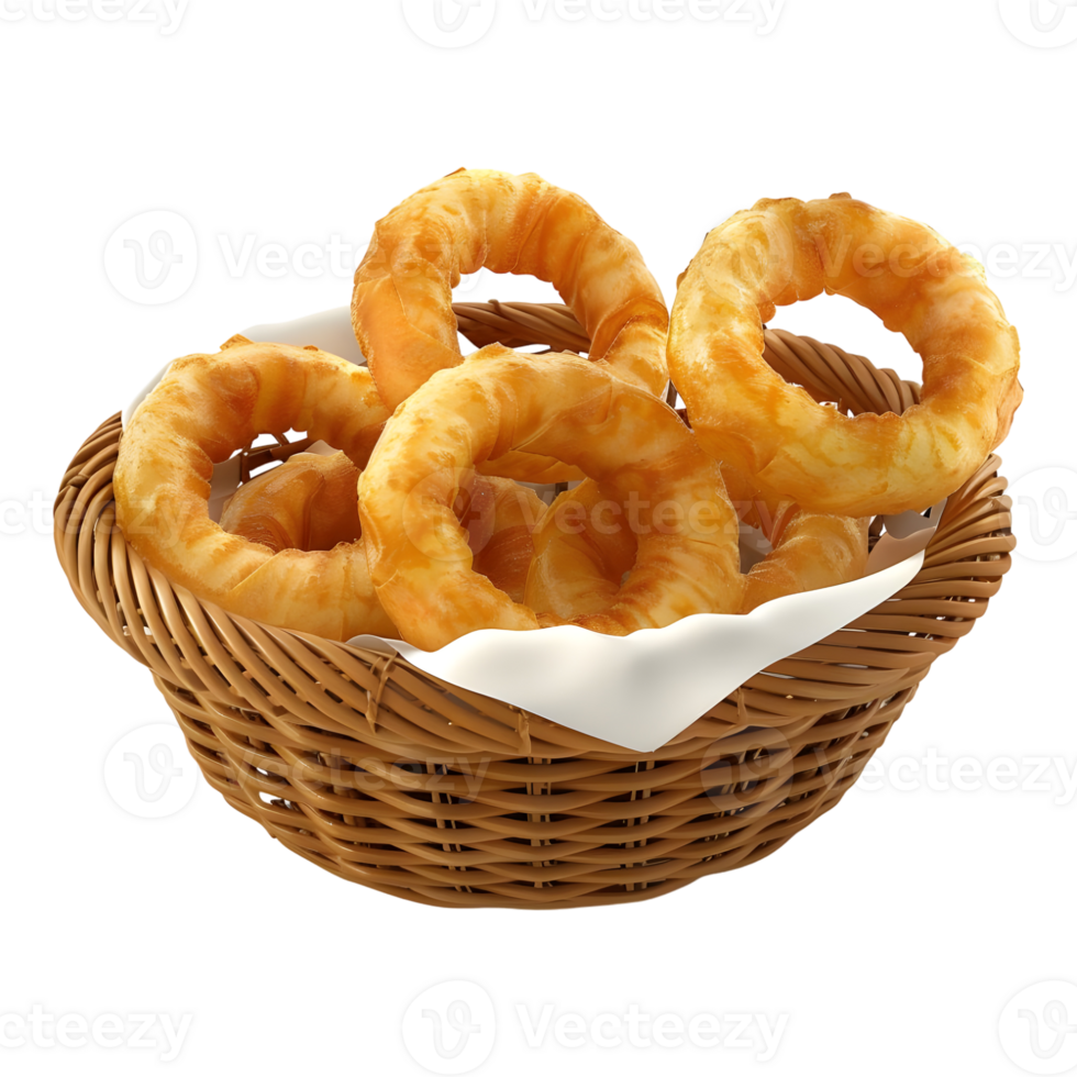 3D Rendering of a Fried Onions Rings in a Basket on Transparent png