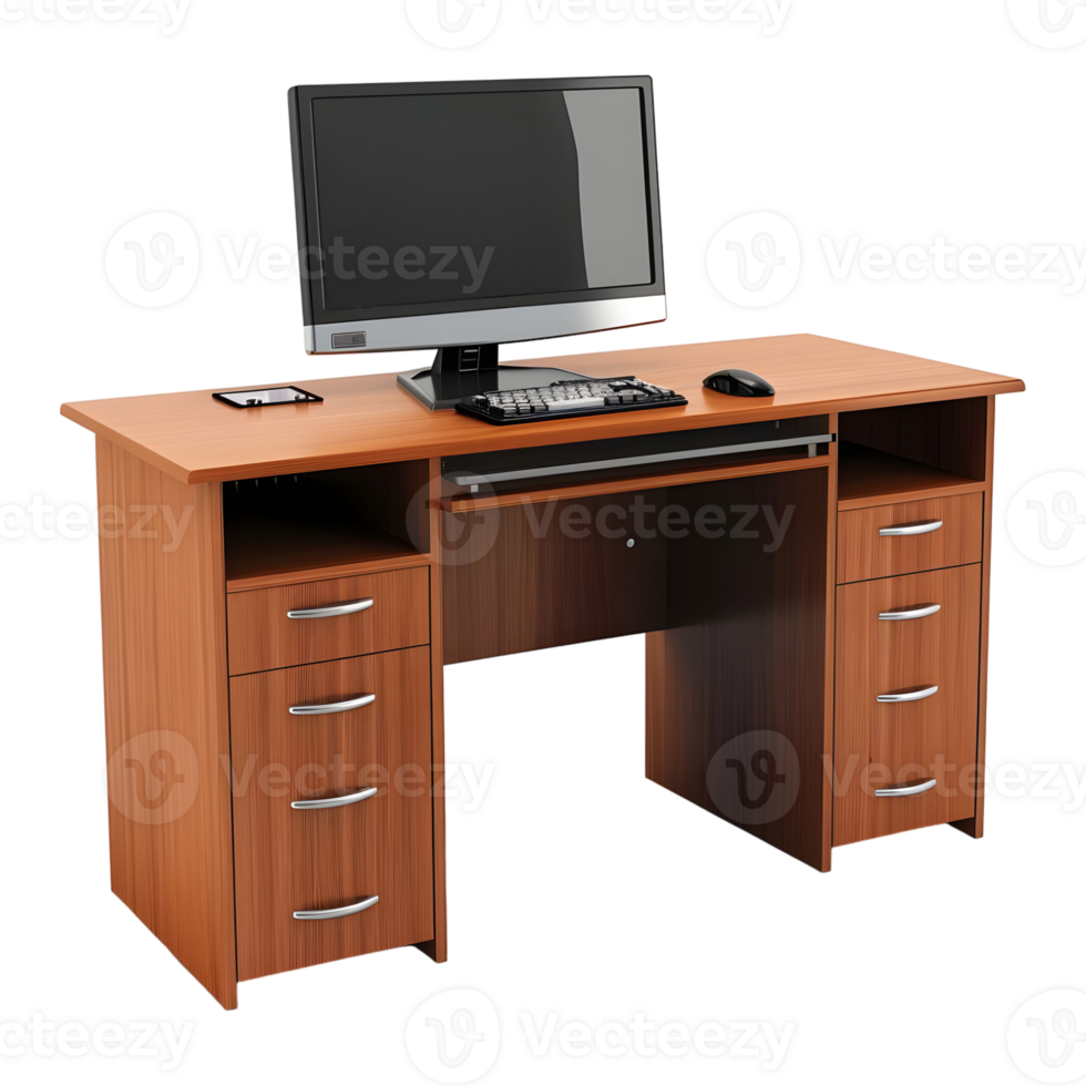 3D Rendering of a Computer on a Wooden Table on Transparent Background png