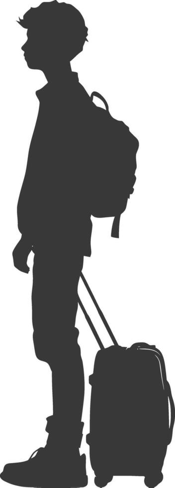 silhouette boy traveling with suitcase silhouette full body black color only vector