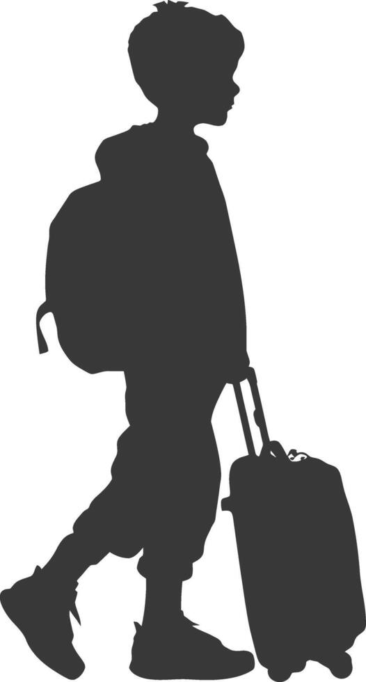 silhouette boy traveling with suitcase silhouette full body black color only vector