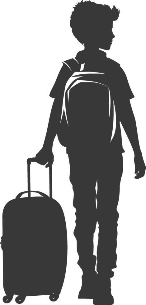 silhouette boy traveling with suitcase silhouette full body black color only vector
