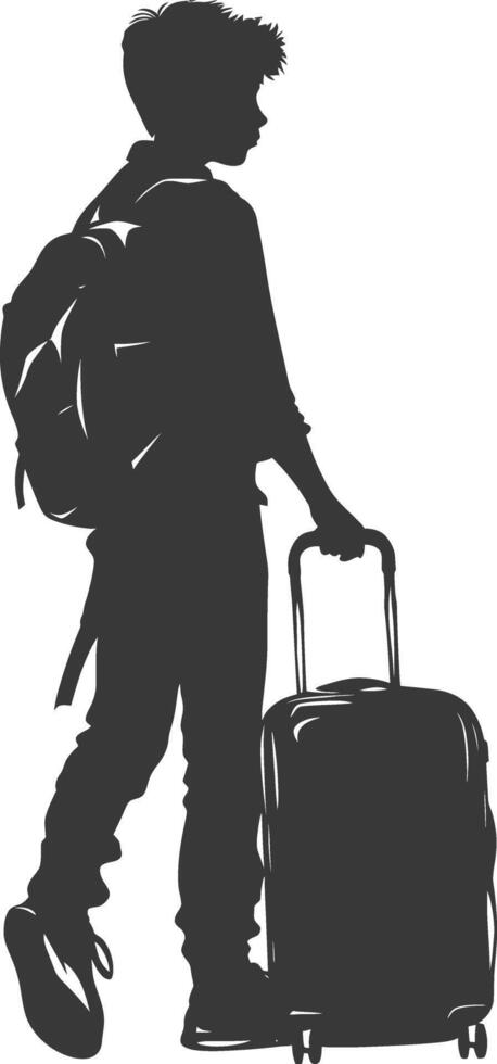 silhouette boy traveling with suitcase silhouette full body black color only vector