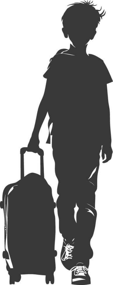 silhouette boy traveling with suitcase silhouette full body black color only vector