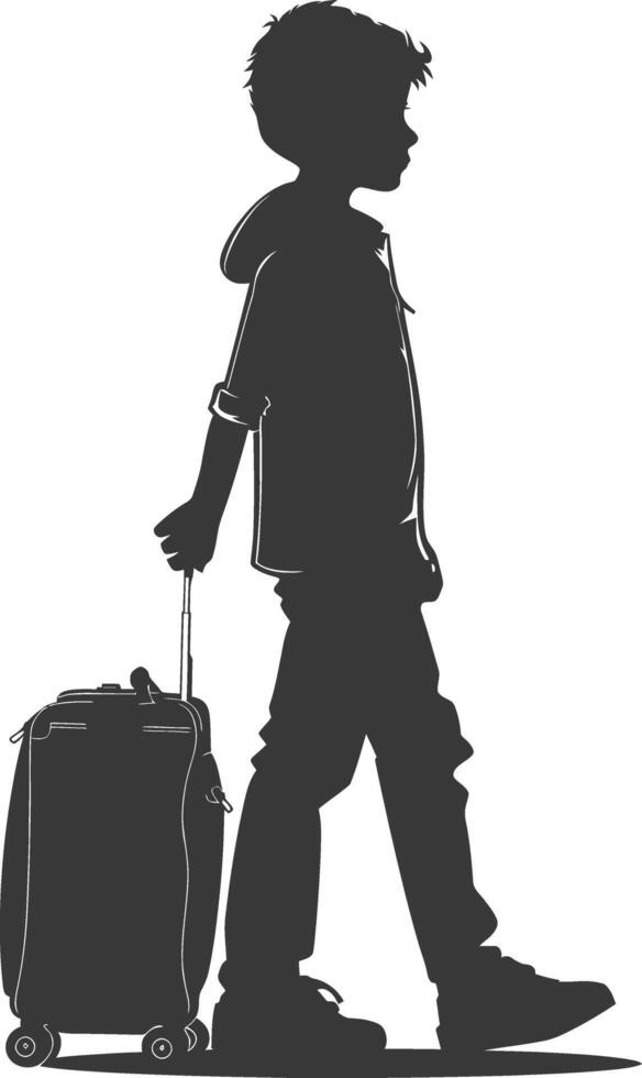 silhouette boy traveling with suitcase silhouette full body black color only vector