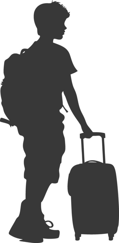 silhouette boy traveling with suitcase silhouette full body black color only vector