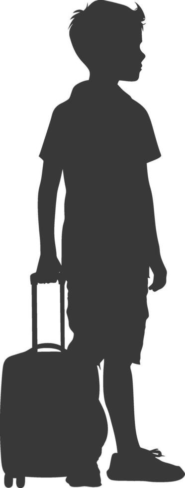 silhouette boy traveling with suitcase silhouette full body black color only vector