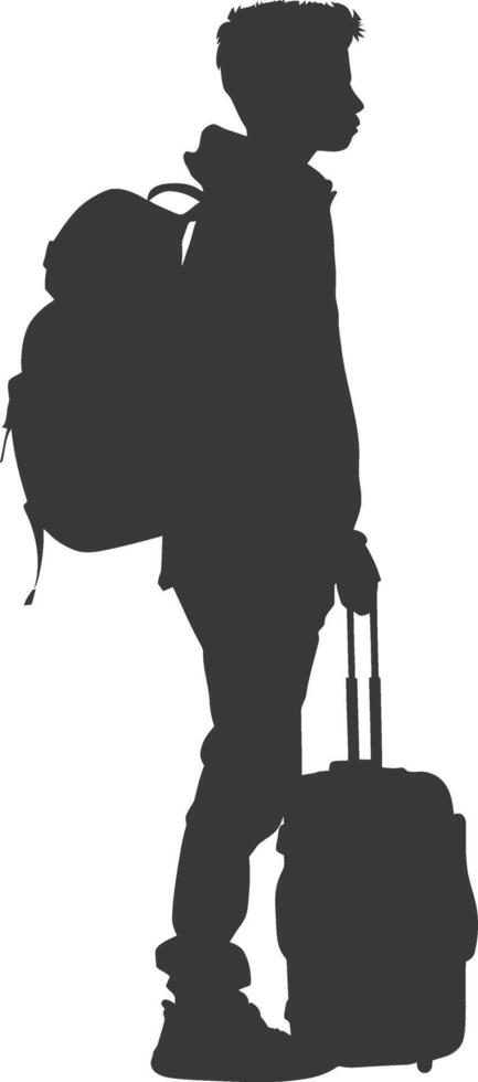 silhouette boy traveling with suitcase silhouette full body black color only vector