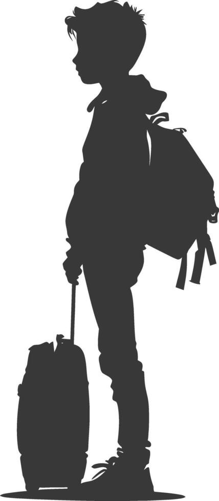 silhouette boy traveling with suitcase silhouette full body black color only vector