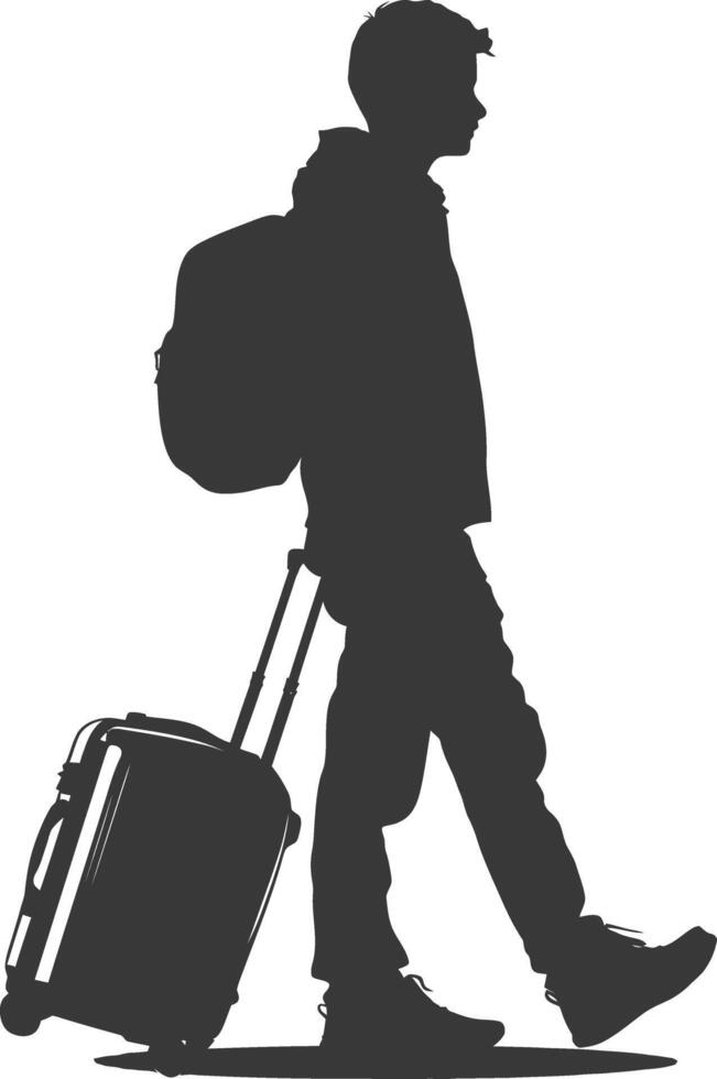 silhouette boy traveling with suitcase silhouette full body black color only vector