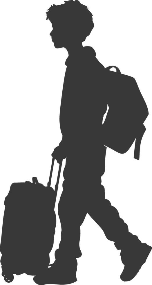 silhouette boy traveling with suitcase silhouette full body black color only vector