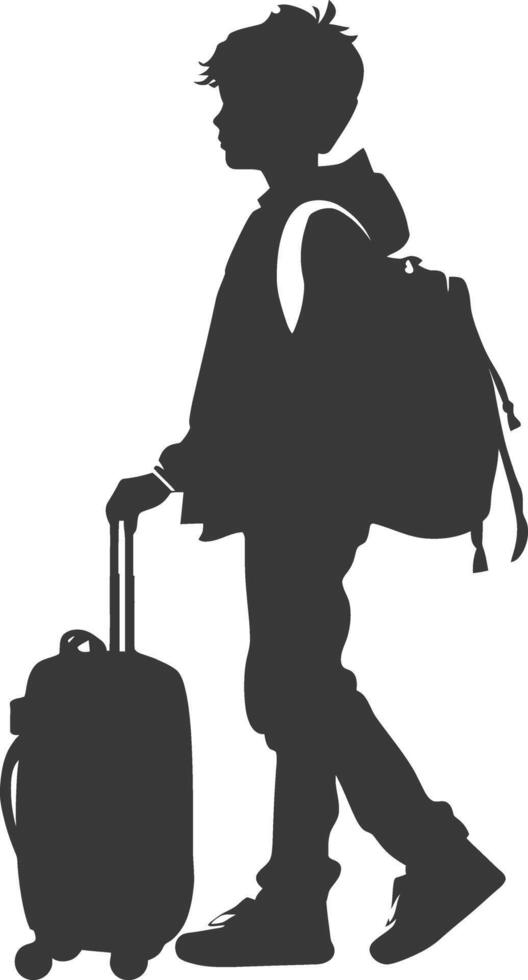 silhouette boy traveling with suitcase silhouette full body black color only vector