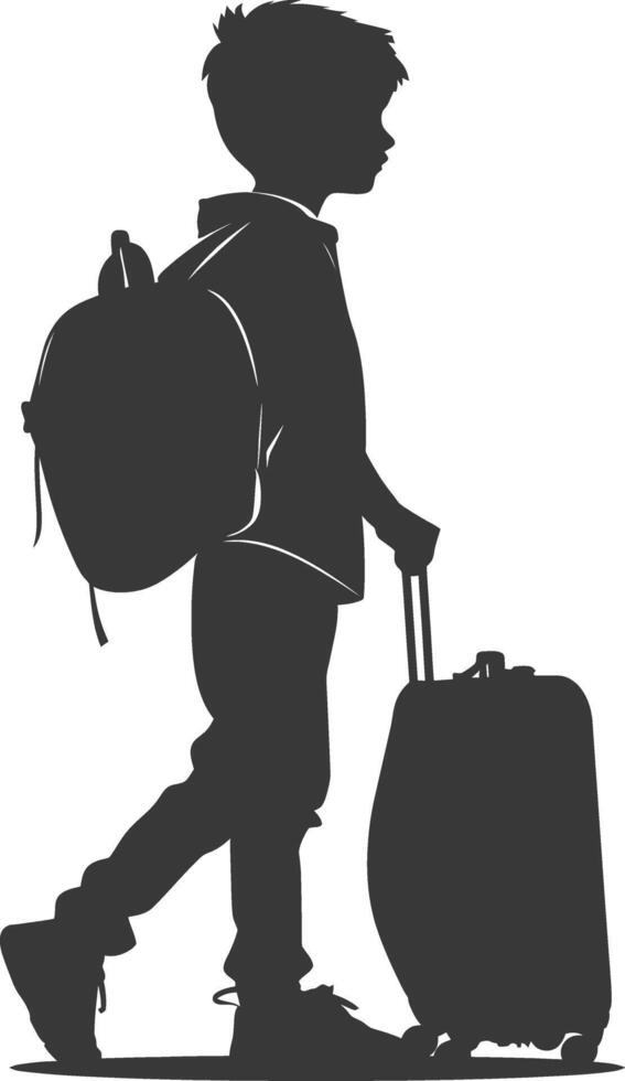 silhouette boy traveling with suitcase silhouette full body black color only vector