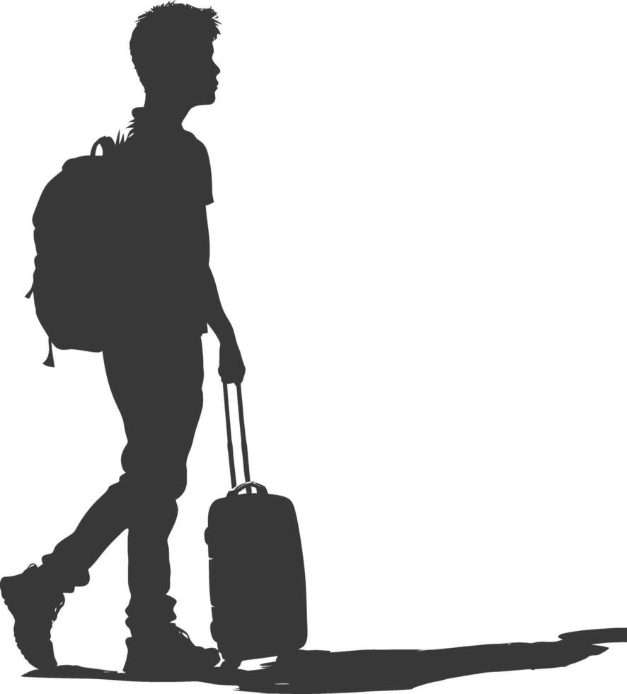 silhouette boy traveling with suitcase silhouette full body black color only vector