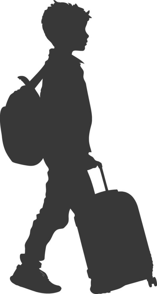 silhouette boy traveling with suitcase silhouette full body black color only vector