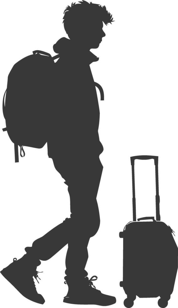 silhouette boy traveling with suitcase silhouette full body black color only vector