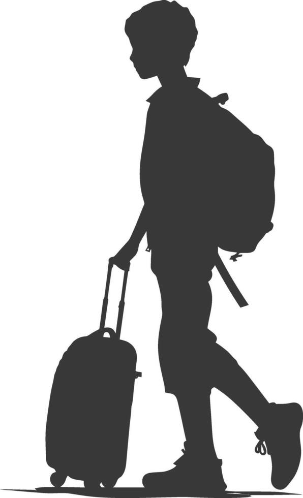 silhouette boy traveling with suitcase silhouette full body black color only vector