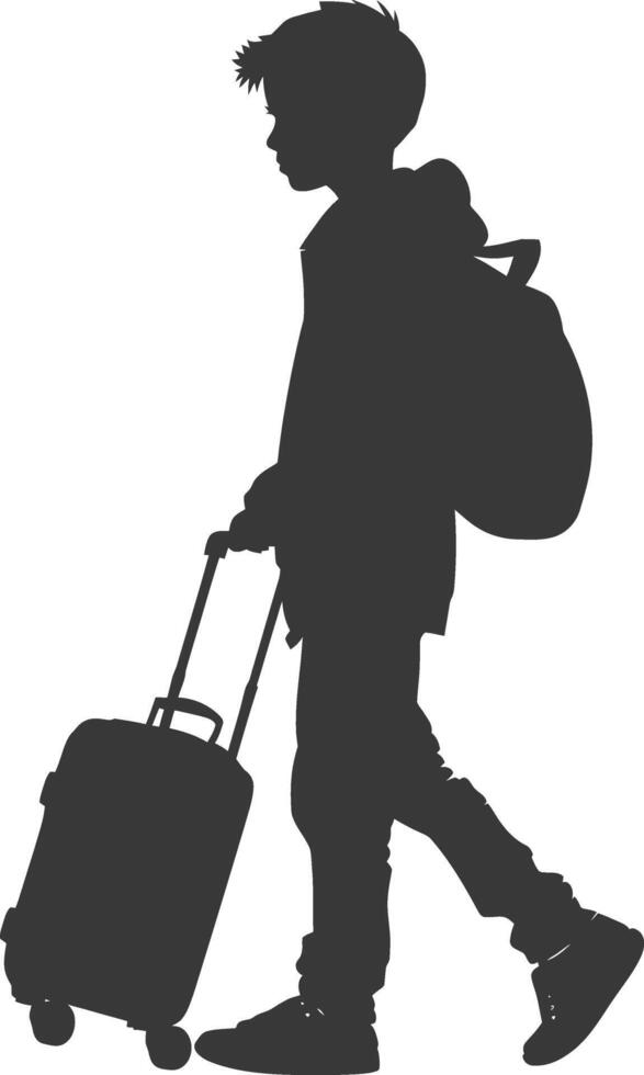 silhouette boy traveling with suitcase silhouette full body black color only vector