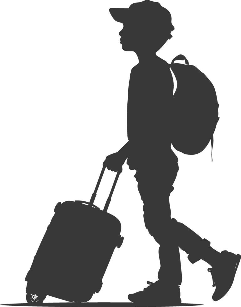 silhouette boy traveling with suitcase silhouette full body black color only vector