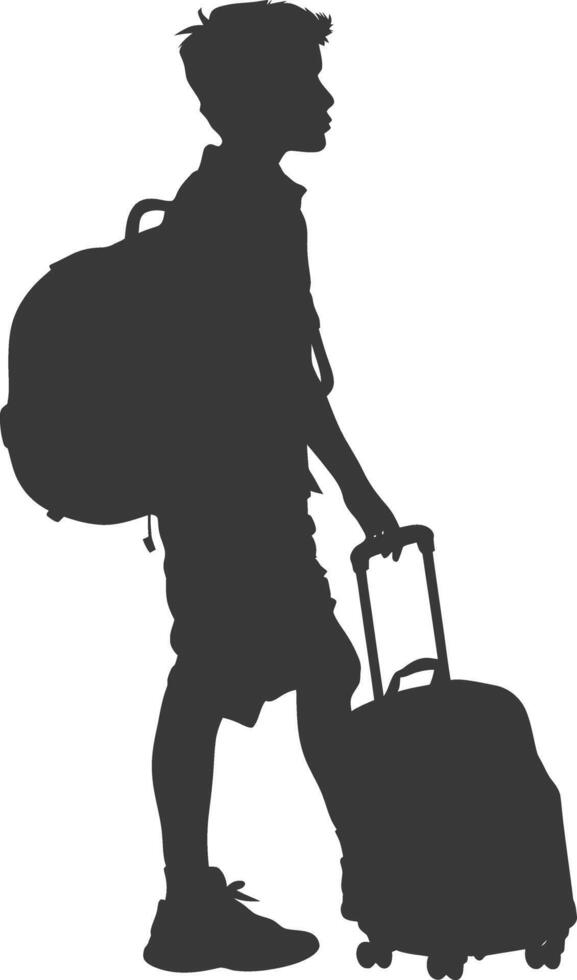 silhouette boy traveling with suitcase silhouette full body black color only vector