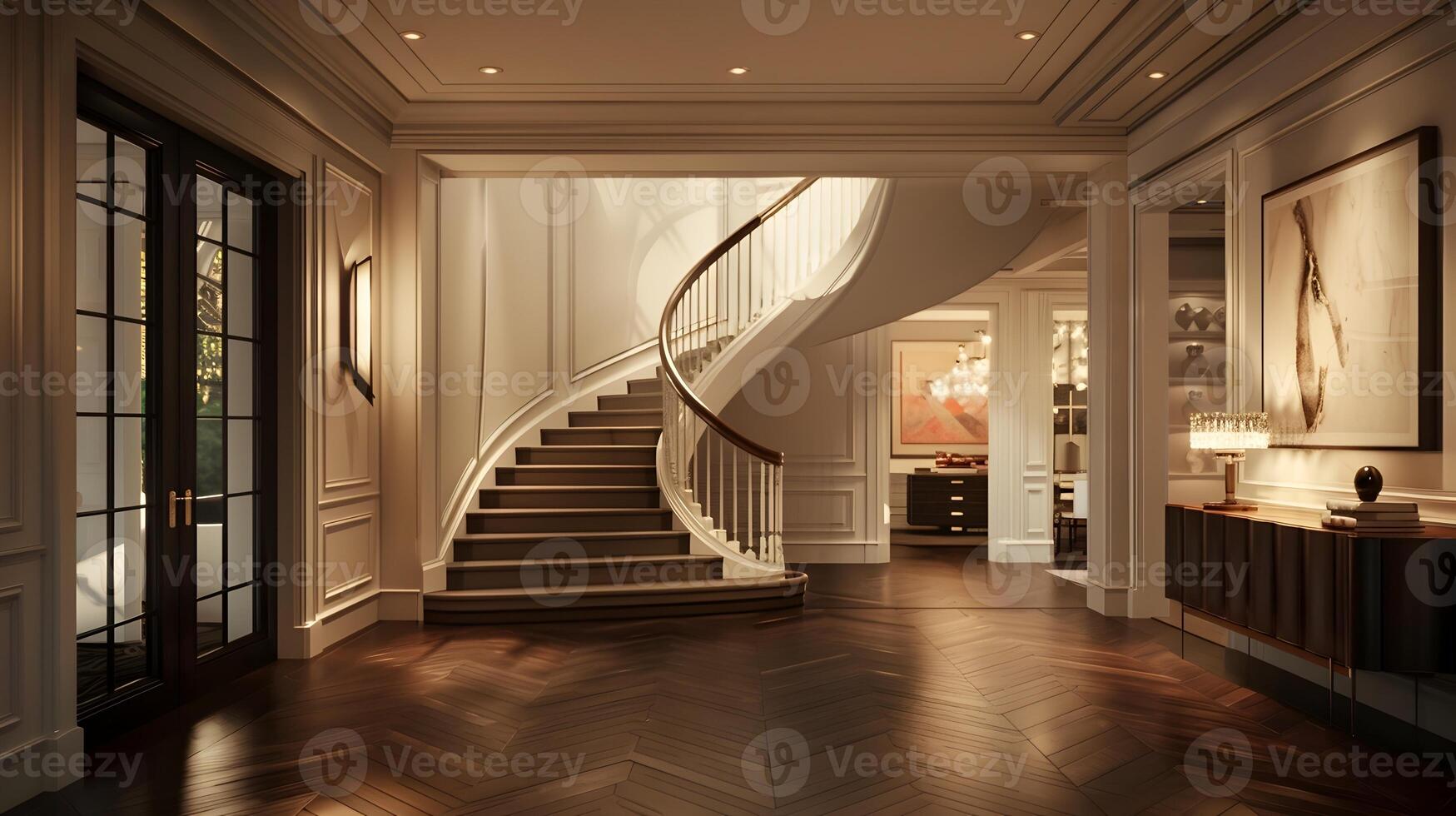 Luxurious and Sophisticated Entryway with Grand Spiral Staircase in Elegant Mansion photo